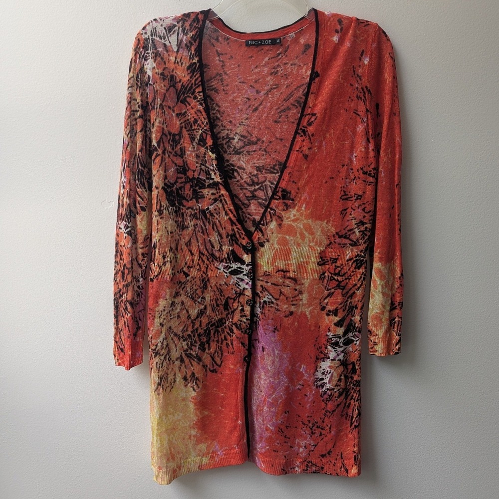 Nic + Zoe Cardigan Orange Black Abstract Print Linen Blend Boho Whimsigoth Sz M